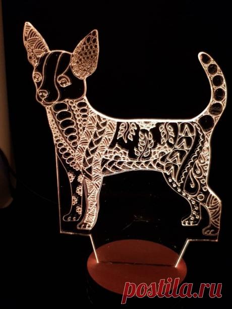 Chihuahua Dog LED Lamp Colour change Unusual Gift Him Her them Pet Cave Fur Baby Mom Dad Room decor Night light puppy present dog lover art Stunning Chihuahua Dog colour changing lamp  This wood and acrylic lamp stands approx 8 inches high and 6 inches wide. The beautifully detailed dog itself is 4mm acrylic - safe and not fragile like glass. It simply slots into its wooden base.  The lamp is powered by a usb flex which is provided