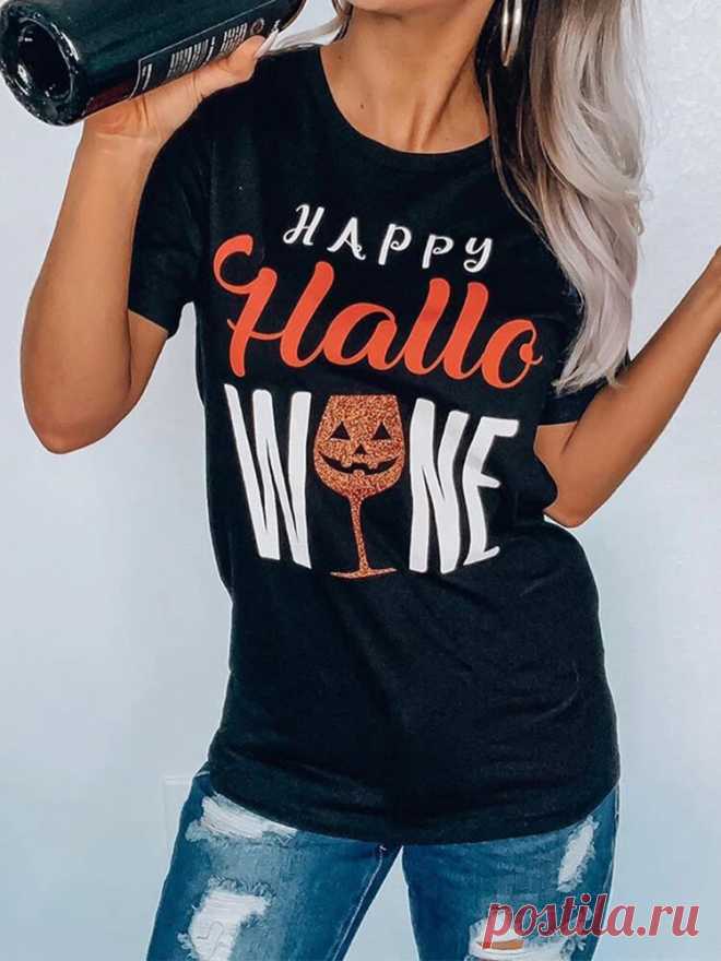 Women Halloween Funny Goblet Letter Print O-Neck Casual Short Sleeve T-Shirts - US$15.99