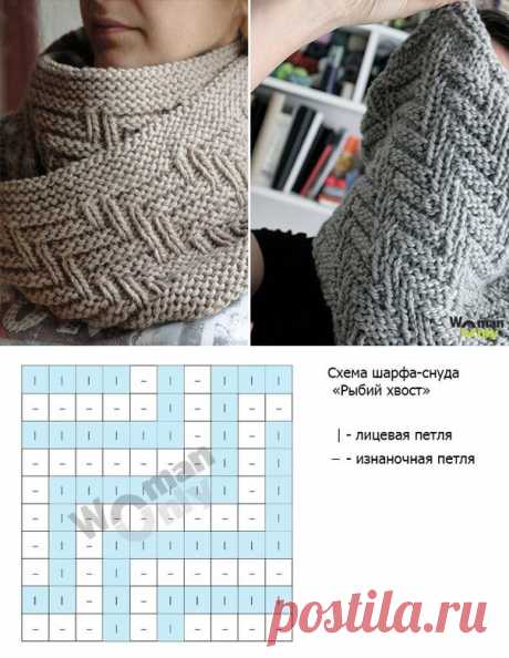 *Fishbone Snood* спицами с двухсторонним узором