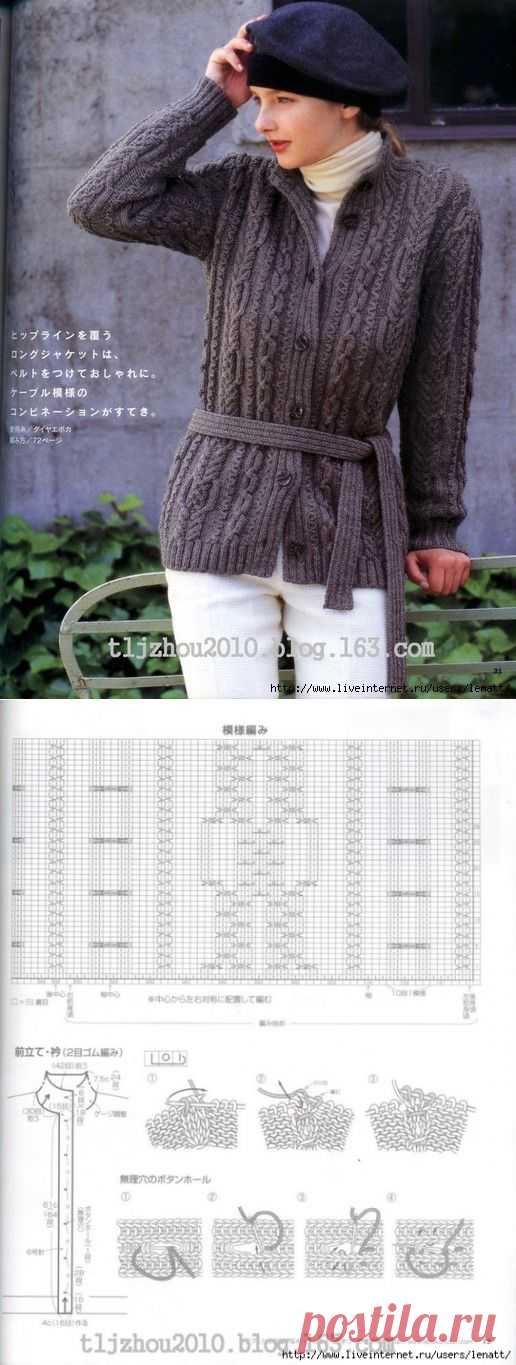 Спицы.Серый жакет с фактурным узором