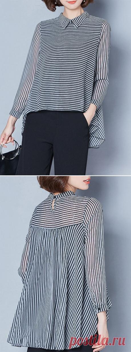 [Newchic Online Shopping] 49%OFF Casual Stripe Irregular Lapel Long Sleeve Blouses For Women – Blusa de mujer