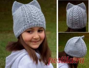 Шапочка с ушками для девочки Длина окружности головы 50-52 см.Шапка вяжется вкруговую и выглядит очень аккуратно.Понадобится: 50 г акриловой пряжи (400 м на 100 г) и 50 г пряжи 40% &mdash; мохера, 60% &mdash; акрил (500 м на 100 грамм). Спицы № 3Шапка вяжется в 2 нити (акриловая пряжа + акрил с мохером).Набрать 80...