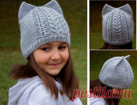 Шапочка с ушками для девочки Длина окружности головы 50-52 см.Шапка вяжется вкруговую и выглядит очень аккуратно.Понадобится: 50 г акриловой пряжи (400 м на 100 г) и 50 г пряжи 40% &mdash; мохера, 60% &mdash; акрил (500 м на 100 грамм). Спицы № 3Шапка вяжется в 2 нити (акриловая пряжа + акрил с мохером).Набрать 80...