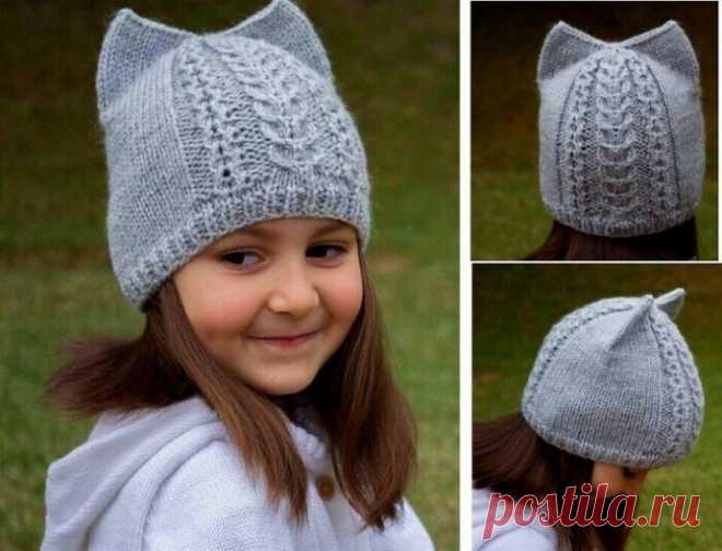 Шапочка с ушками для девочки Длина окружности головы 50-52 см.Шапка вяжется вкруговую и выглядит очень аккуратно.Понадобится: 50 г акриловой пряжи (400 м на 100 г) и 50 г пряжи 40% — мохера, 60% — акрил (500 м на 100 грамм). Спицы № 3Шапка вяжется в 2 нити (акриловая пряжа + акрил с мохером).Набрать 80...