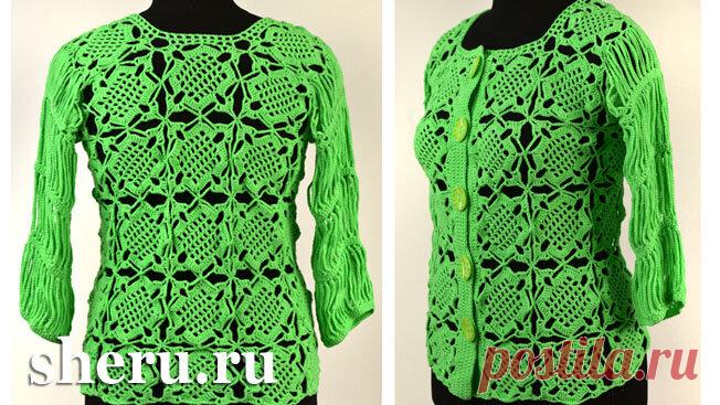 Ажурная кофточка крючком с оригинальным рукавом схемы вязания и видео мастер класс