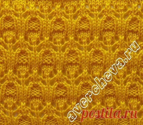 Схема узора:

В схеме указаны только лицевые ряды. В изнаночных вязать по рисунку, накиды вязать изнаночными. Раппорт узора 6 петель в ширину ( перед раппортом вяжем 3 петли, повторяем раппорт нужное кол-во раз, после раппорта вяжем 4 петли). В высоту повторяем с 1-го по 24-й ряд.