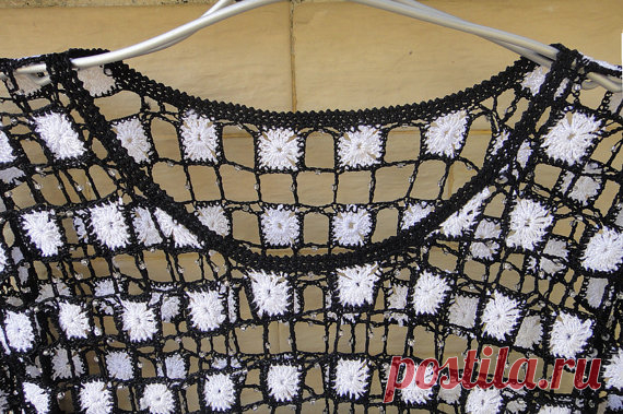 Black and White Polka Dot Crochet Blouse Long by TinaCrochet2016