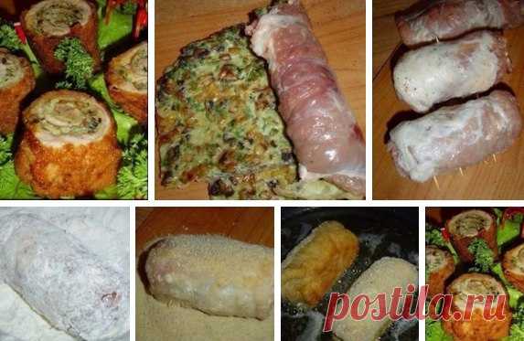 Закуска "Пенечки"

Ингредиенты:
250 г свинины
50 г грибов (шампиньоны)
3 яйца
1/2 лука
30 г муки
сухари панировочные
масло растительное
зелень
соль
перец черный (молотый)

Приготовление:
1. Начинаем работу с приготовления омлета. Обжариваем лук и грибы. Взбиваем яйца, добавляем нарезанную зелень, муку, грибы с луком, перемешиваем, выливаем на сковороду и обжариваем с двух сторон омлет.
2. Отрезаем свиной биток и хорошо отбиваем его с двух сторон. Солим и перчим по вкусу