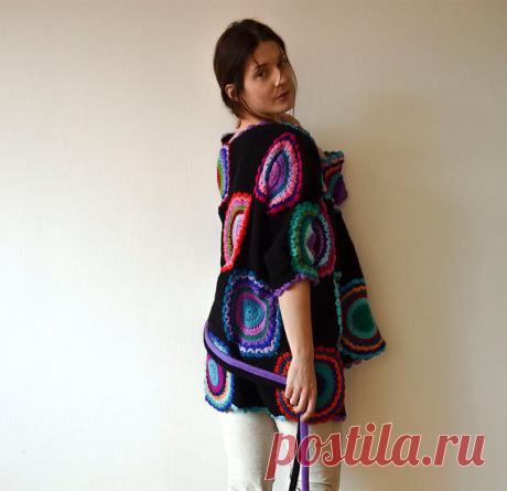 Plus Size Multicolor Crocheted Cardigan Black and от subrosa123