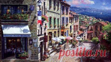 painting_france_town_street_sea_sailing_boats_houses_porches_flag_flashlight_restaurant_umbrellas_bridge_flowers_58378_1920x1080.jpg (1920×1080)