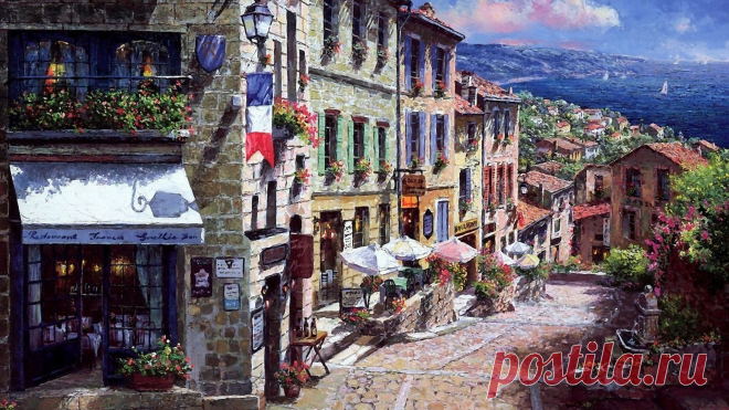 painting_france_town_street_sea_sailing_boats_houses_porches_flag_flashlight_restaurant_umbrellas_bridge_flowers_58378_1920x1080.jpg (1920×1080)
