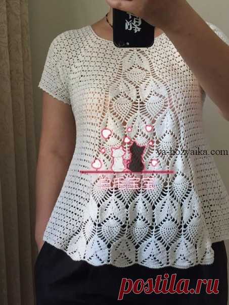 Топ-трапеция регланом сверху.Схемы на сайте https://ya-hozyaika.com/vyazanie-kryuchkom/bluza-koft..