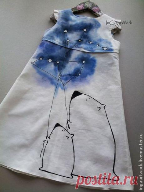 "Ложкой снег мешая..." Ручная роспись.Размер по росту 110 см - белый,лён