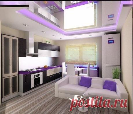 Интерьер студии, гостиная и кухня