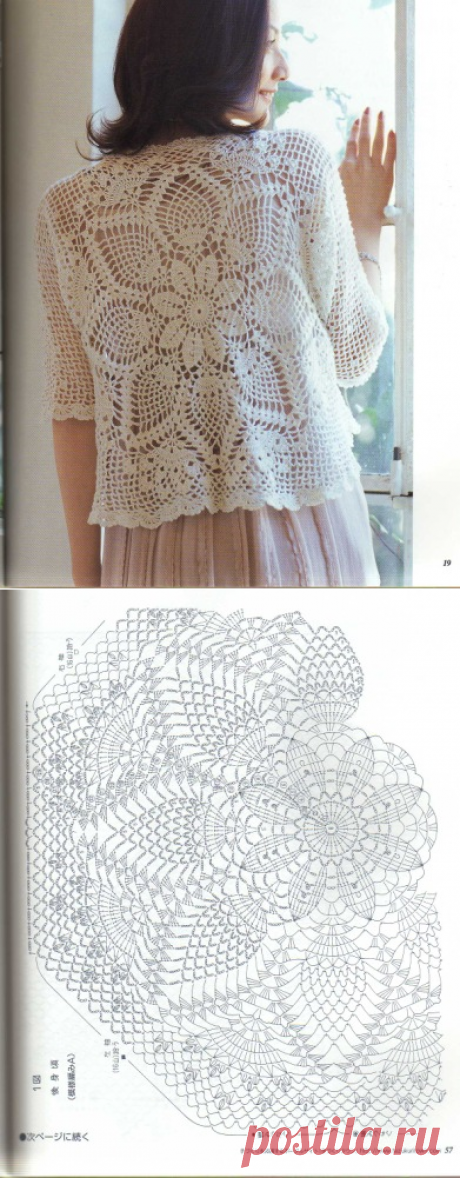 Ананасовый жакет крючком. Связать жакет по кругу |