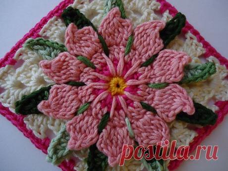 Бабушкин квадрат крючком ЦВЕТОК КАКТУСА.