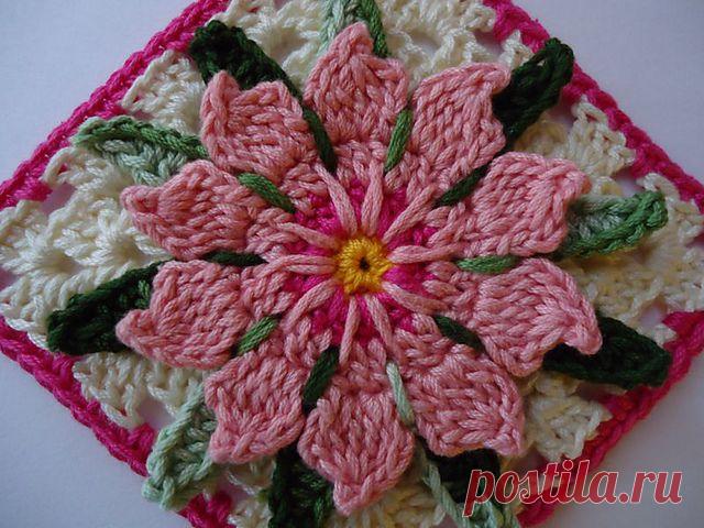 Бабушкин квадрат крючком ЦВЕТОК КАКТУСА.