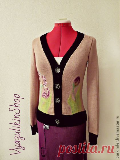 Вязаная кофточка "Тигровые ирисы" - бежевый,рисунок,кофточка,Кофточка вязаная