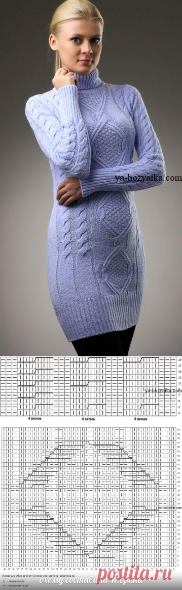 Красивое платье спицами с косами и ромбами. Стильное теплое платье своими руками.