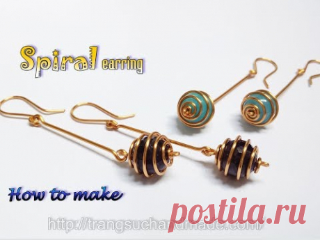 Spiral earring with spherical stone - Simple jewelry from copper wire 402