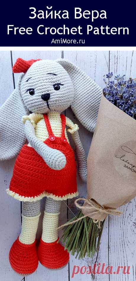 PDF Зайка Вера крючком. FREE crochet pattern; Аmigurumi animal patterns. Амигуруми схемы и описания на русском. Вязаные игрушки и поделки своими руками #amimore - большая зайка в комбинезоне, заяц, зайчик, кролик, зайчонок, крольчонок.
