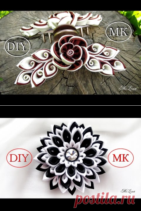 (256) Резинки канзаши, МК / DIY Scrunchy with Kanzashi flower / Black &amp; White Ribbon Flowers - YouTube