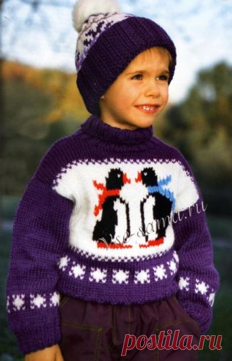 Свитер и шапочка с рисунком пингвины - Детские пуловеры, свитера, джемпера спицами