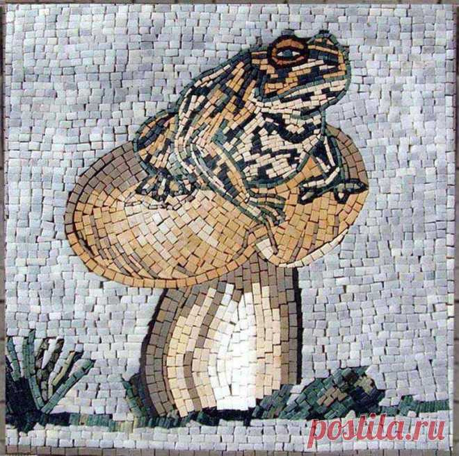 Mosaic Art Designs - Frog on Mushroom Unique handmade marble mosaic that is composed of all natural marble and hand-cut tiles. Created using earth color tones It shows a frog laying on a big mushroom. Customize your own mural today for an original look. Mosaic Uses: Floors Walls or Tabletops both Indoor or Outdoor as well as wet places such as showers and Pools.