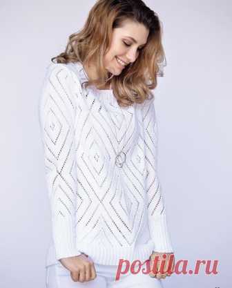 Элегантный белый джемпер (Вязание спицами)