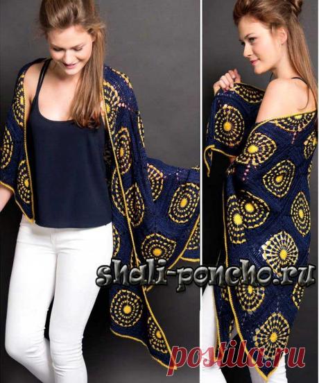 Эффектная шаль из больших двухцветных мотивов "Мандала". Крючком. Схема. / shali-poncho.ru