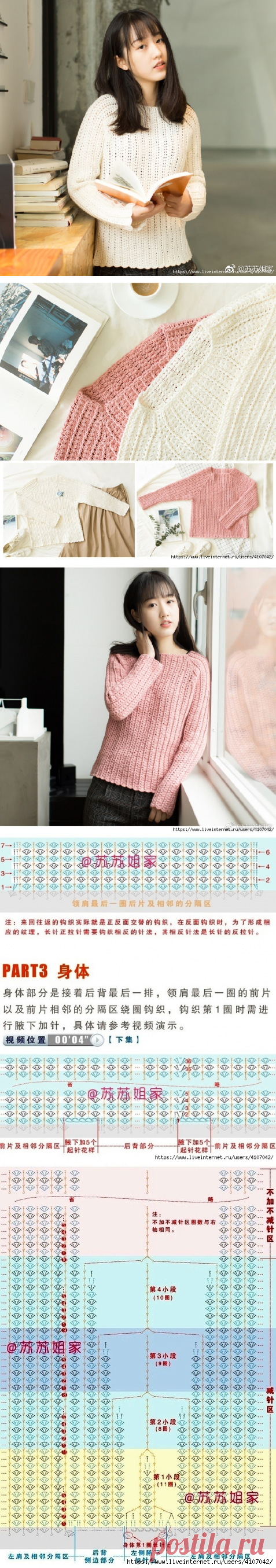 ДЖЕМПЕР - РЕГЛАН ОТ ГОРЛОВИНЫ РЕЛЬЕФНЫМ УЗОРОМ. КРЮЧОК