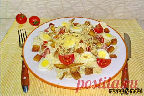 Салат «Цезарь» с курицей и пекинской капустой

✅Ингредиенты
куриное филе – 1 шт;
капуста пекинская (в оригинале салат Айсберг) – 4-5 листьев;
томаты черри – 5-6 шт;
яйца перепелиные – 4 шт;
сыр твёрдый (пармезан) – 50 г;
сухарики – 2-3 ломтика батона.

Для маринада мяса:
соевый соус – 1 ст. л;
растительное масло – 1 ст. л;
гранатовый соус (или мёд) – 1 ч. л.
