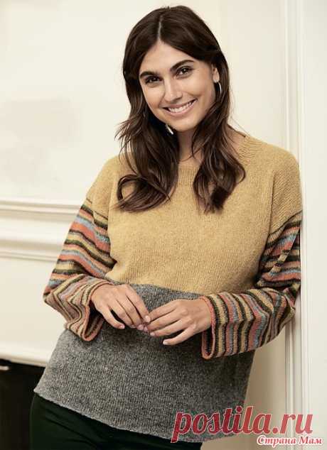 Джемпер с рукавами в цветную полоску. Простой в работе джемпер подкупает яркими полосками на рукавах, которые определяют динамичный и неформальный облик модели. РАЗМЕРЫ S (M) L (XL)