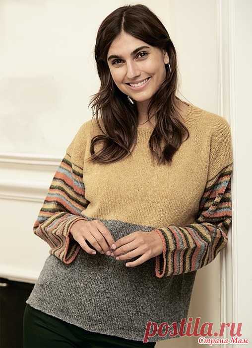 Джемпер с рукавами в цветную полоску. Простой в работе джемпер подкупает яркими полосками на рукавах, которые определяют динамичный и неформальный облик модели. РАЗМЕРЫ S (M) L (XL)