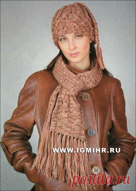 Теплый комплект "Осенняя рапсодия": шапочка и шарф из меланжевой пряжи. Спицы