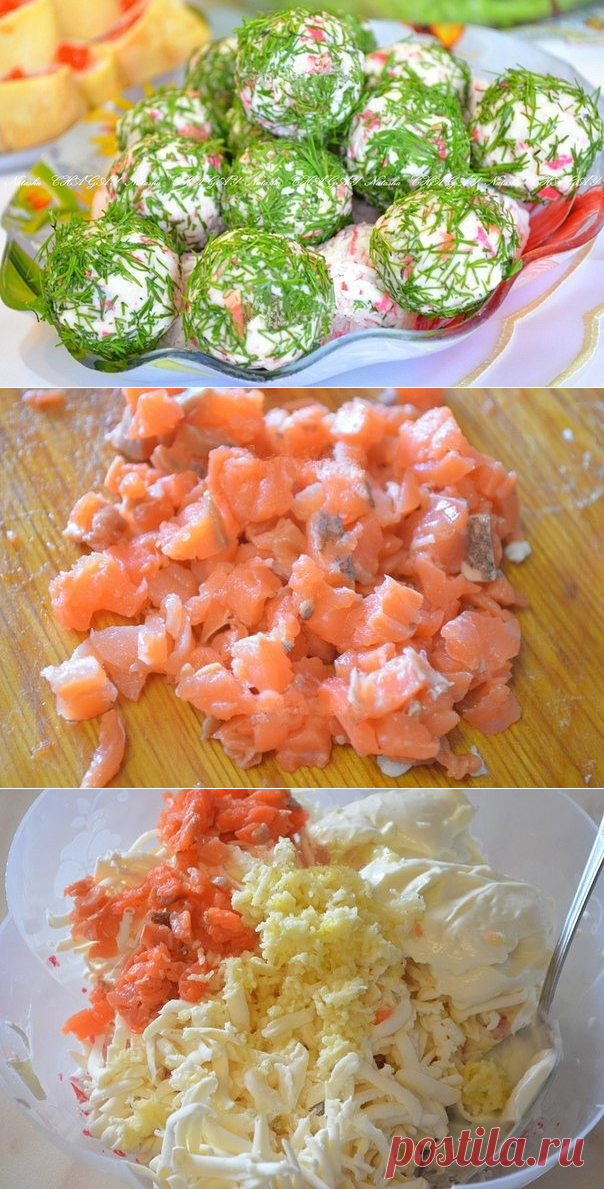 Сырные шарики с рыбой и крабовыми палочками.