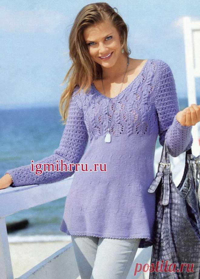 В стиле ампир. Длинный сиреневый пуловер с ажурной кокеткой. Вязание спицами