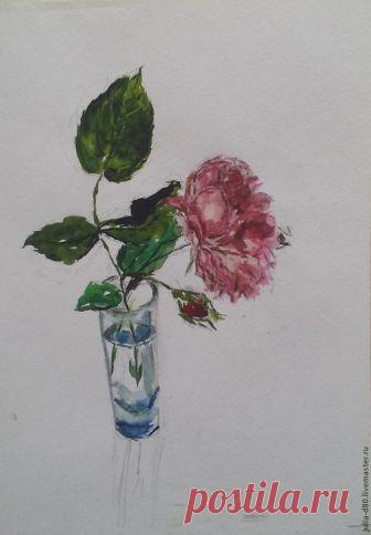 Акварельная живопись: «Чайная роза в стакане» Хочу поделиться с вами техникой акварельной живописи. Для работы нам понадобится следующее: Бумага для акварели. Кисти: одна для тонких элементов и широкая для фона (я люблю плоскую синтетику).