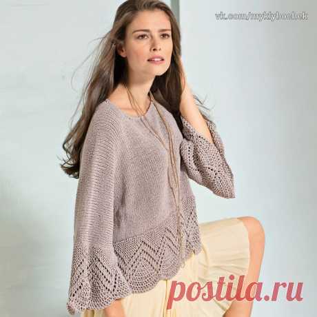 Джемпер со связанными поперек планками спицами
#вязание #спицами

Размеры: 38/42

ВАМ ПОТРЕБУЕТСЯ

Пряжа (100% шелк; 100 м/50 г) — 500 г бежево-серой; спицы №5,5; круговые спицы №5,5; крючок №4,5.

УЗОРЫ И СХЕМЫ

ЛИЦЕВАЯ ГЛАДЬ

Лицевые ряды — лицевые петли, изнаночные ряды — изнаночные петли.

АЖУРНЫЙ УЗОР

Вначале на 20 петель = вязать согл. схеме. На ней даны лицевые и изнаночные ряды, включая кромочные. Постоянно повторять 1–30-й ряды.

Плотность вязания
16 п. х 26 р. =...