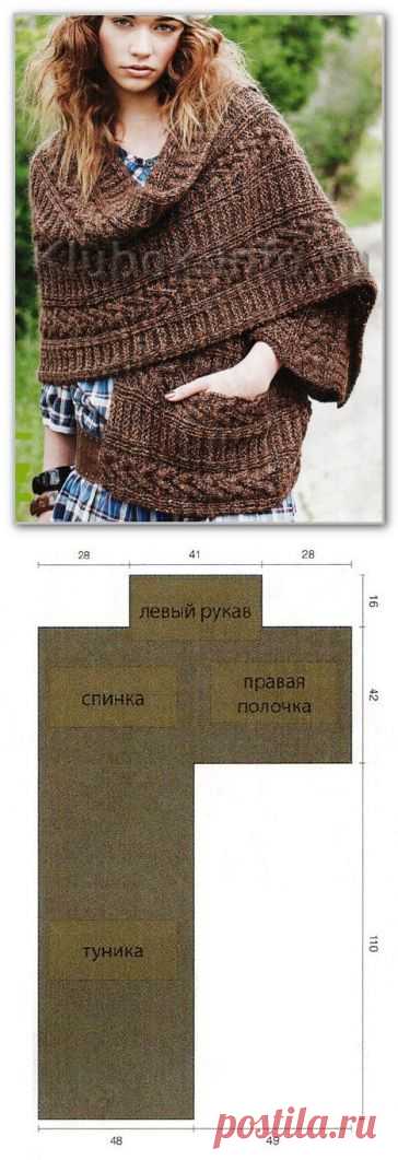 Вязание спицами. Меланжевое пончо-накидка с накладным карманом | Умелые ручки
