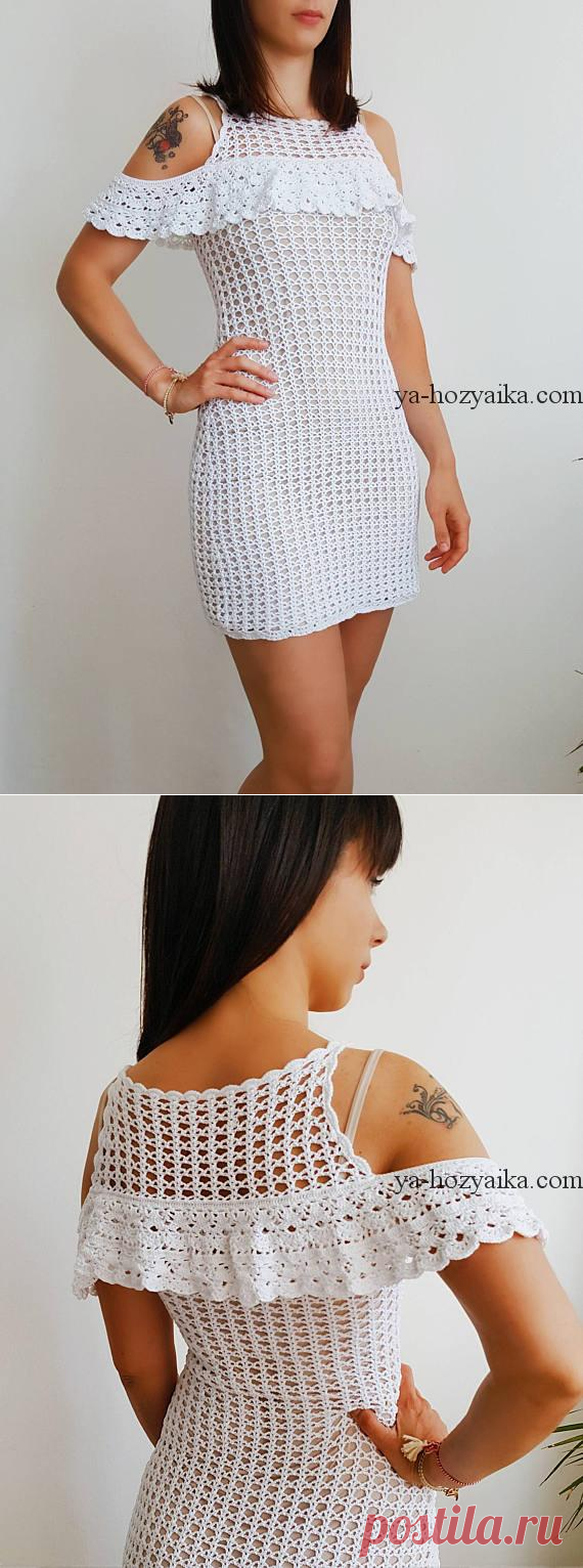 Белое платье крючком со схемами. Ажурное платье крючком с воланами на плечах
