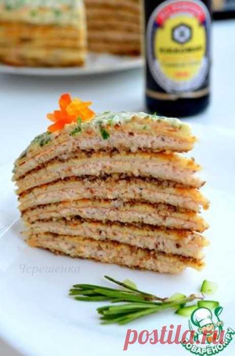 Закусочный блинный торт с куриным паштетом и грибной икрой - кулинарный рецепт