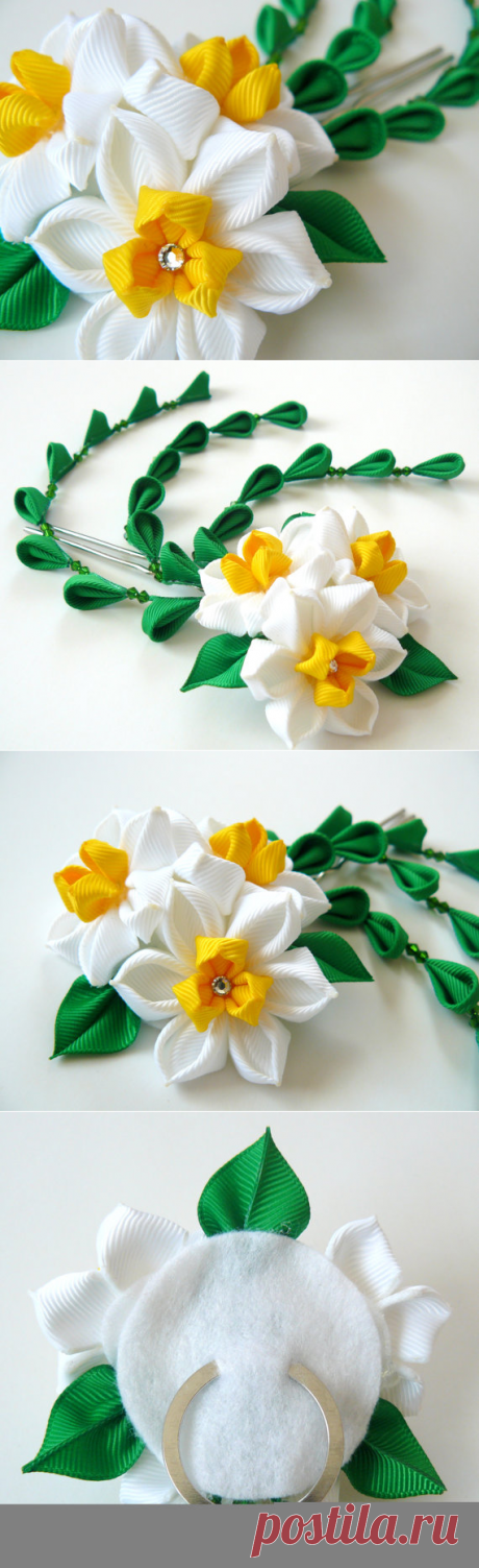 Daffodil Kanzashi fabric flower hair fork. Daffodil от JuLVa