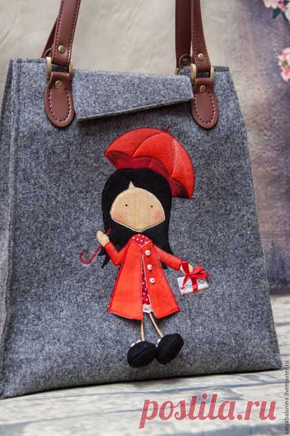 Купить Войлочная сумка Девочка в красном - серый, рисунок, зимняя, зима 2015, зима 2016