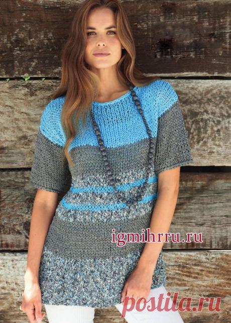 Просто и удобно! Летний полосатый пуловер из хлопковой пряжи. Вязание спицами
