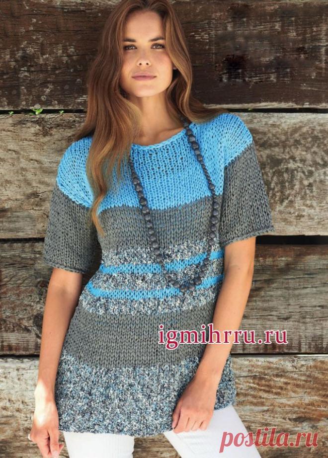 Просто и удобно! Летний полосатый пуловер из хлопковой пряжи. Вязание спицами