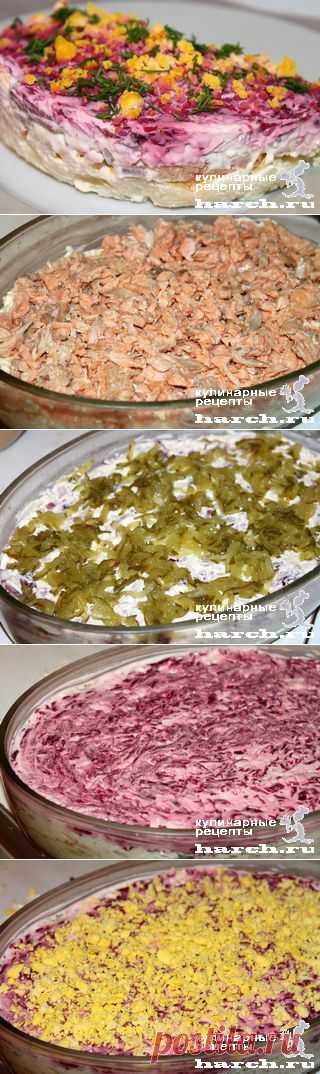 Очень вкусный слоеный салат с отварной рыбой и свеклой "Маргаритка".