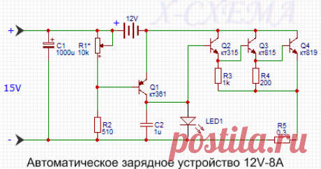 Автоматическое зарядное устройство 12 вольт 8 ампер. На советских транзисторах. Принципиальная схема зарядного для АКБ         Схема зарядного очень простая и под силу даже школьнику.  несколько слов: в схеме есть индикатор заряда, можно резистором R1 устанав...