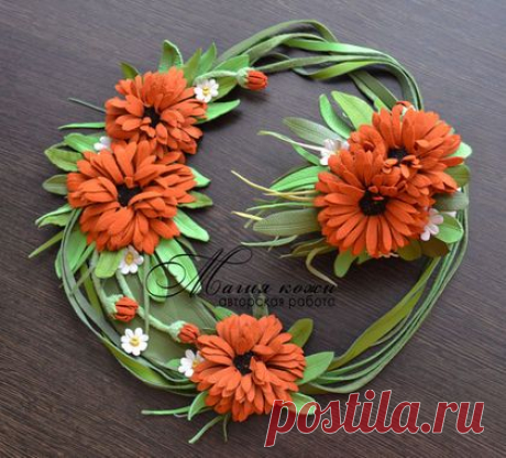 Купить Комплект из кожи &quot;Садовые веснушки&quot; - рыжий, оранжевый, ноготки, ноготки из кожи, календула из кожи