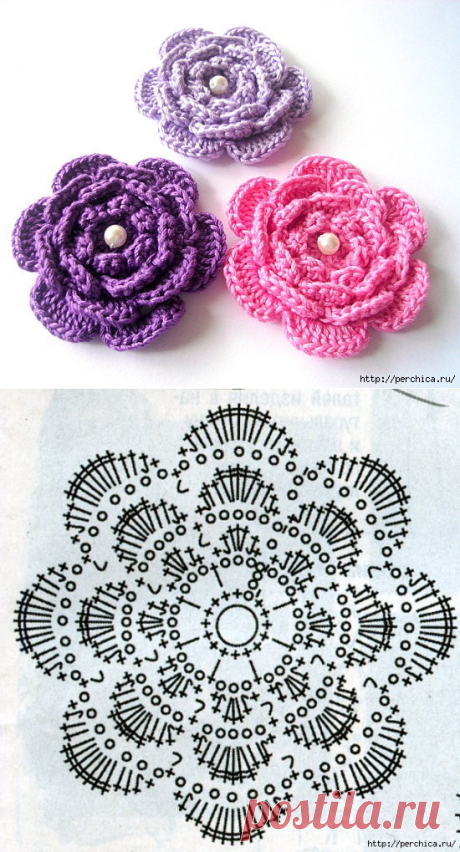 МНОГОСЛОЙНЫЙ ЦВЕТОК, СВЯЗАННЫЙ КРЮЧКОМ.